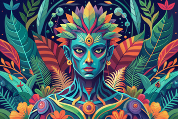 Naklejka premium A detailed illustration of a person surrounded by vibrant floral patterns and foliage, depicting a fusion of human and nature elements in a striking and colorful composition 