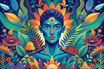 A detailed illustration of a person surrounded by vibrant floral patterns and foliage, depicting a fusion of human and nature elements in a striking and colorful composition
