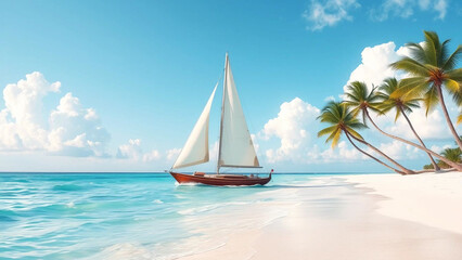 Fototapeta premium Background illustration of classic sailboat with white sail gliding through turquoise waters on tropical white sand beach.