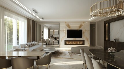 Fototapeta premium Luxurious interior of a modern house. 3D visualization of the interior. Living room, dining room. Fireplace and TV area
