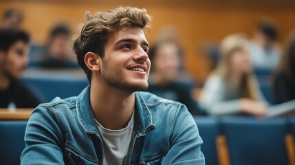 Fototapeta premium A student smiles during a lecture in a university classroom filled with fellow classmates in the early afternoon hours