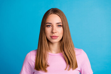 Photo of adorable lovely cute woman wear trendy pink clothes isolated on blue color background