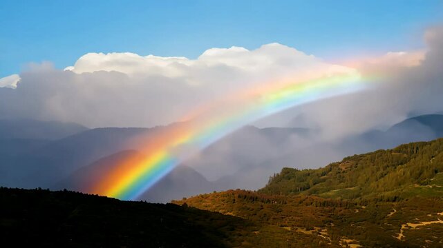 Animation of mountains with colorful rainbow in cloudy sky over field. Nature landscape after storm. Spring morning. St Patrick Day holiday symbol