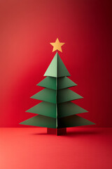 Paper-cut green Christmas tree with a golden star on top against a bright red background. Simple and creative holiday design, minimalistic and festive.