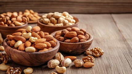 An assortment of nuts arranged in dishes on a wooden table.