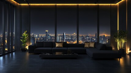 Night scene, Modern style luxury black living room with city view 3d render, There are black terrazzo floor decorated wall with hidden light, furnished with black fabric sofa