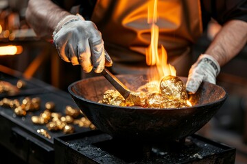 Fototapeta premium Golden Treasures Cooking on Fire Chef Gently Hand-Roasts Delicate Treats To Golden Perfection