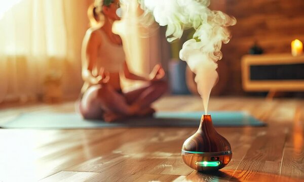Woman practicing yoga with an aroma diffuser