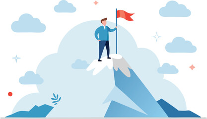 Obraz premium Man standing on top of a mountain with a flag, symbolizing achievement, success, and reaching goals in a minimalistic and motivational design.