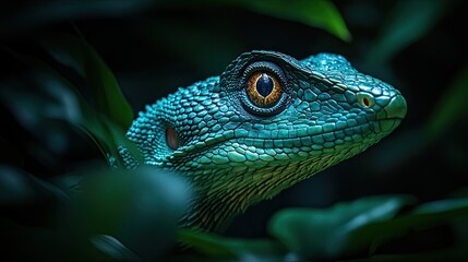Fototapeta premium A green lizard with yellow eyes is shown in a dark green background