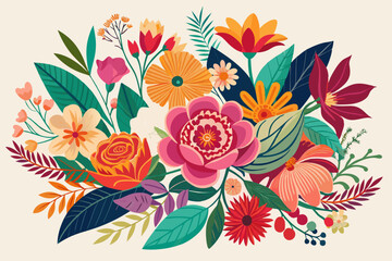 This image showcases a vivid floral arrangement with an array of flowers and leaves, set against a light background. The design highlights nature's vibrancy and beauty
