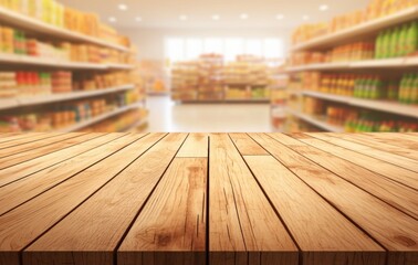Empty Wooden Table Top with Blurred Supermarket Background, People Shopping for Products and Food Items on Shelves