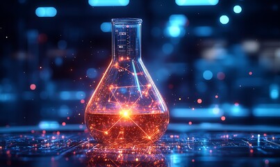 The digital laboratory flask icon with glowing data symbolizes the integration of AI into scientific experimentation and data analysis, accelerating research progress and discoveries design,