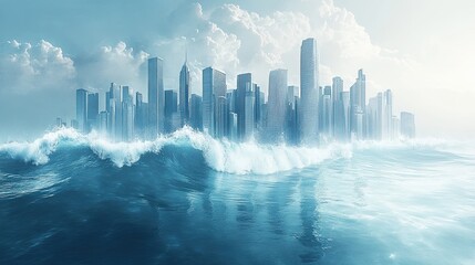 Fototapeta premium A city skyline reflected perfectly in a massive, clear ocean wave, blending urban and natural elements, crisp blues and whites, minimalist style, digital illustration.