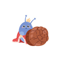 Vector illustration of a blue snail with a crown and cape.