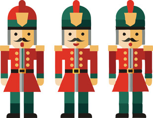 Three Nutcracker Soldiers in Festive Uniforms Standing Upright with a Clean Background, Traditional Christmas Decor