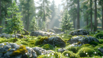 A forest clearing where 2D shadows transition into 3D moss-covered stones, captured with a soft focus lens for a tranquil atmosphere.