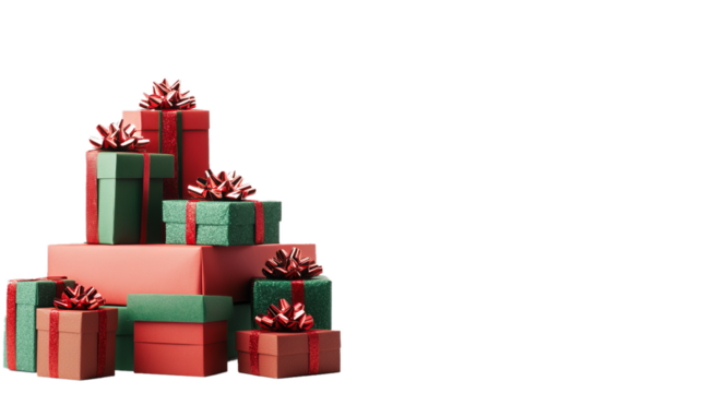 Different green and red christmas gift boxes stacked isolated on white background, PNG