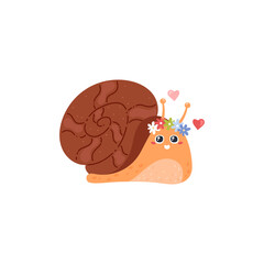 Cute snail with wreath of spring flowers and red hearts.