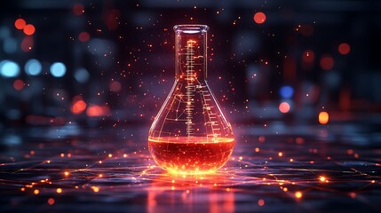 The digital laboratory flask icon with glowing data symbolizes the integration of AI into scientific experimentation and data analysis, accelerating research progress and discoveries design,