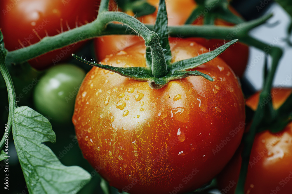 Wall mural A close-up image of a ripe tomato on the vine, glistening with droplets of water. 