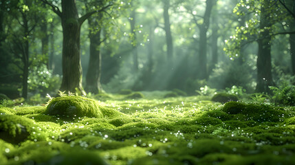 Fototapeta premium A forest clearing where 2D shadows blend into 3D mossy stones, captured with a soft focus lens for a serene effect.