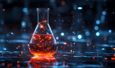 The digital laboratory flask icon with glowing data symbolizes the integration of AI into scientific experimentation and data analysis, accelerating research progress and discoveries design,
