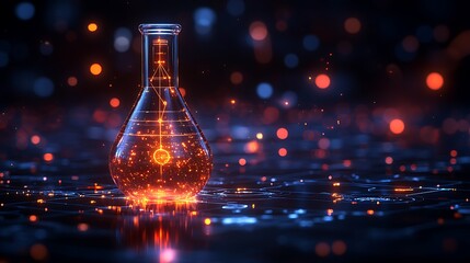 The digital laboratory flask icon with glowing data symbolizes the integration of AI into scientific experimentation and data analysis, accelerating research progress and discoveries design,