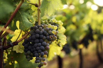 Fototapeta premium The image captures a close-up view of a cluster of ripe grapes hanging from a vine in a vineyard. 