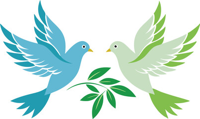 Two doves flying with olive branches, symbolizing peace, harmony, and love in a serene and minimalist illustration.