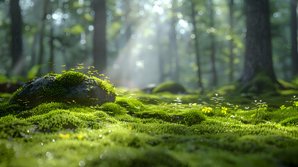 A forest clearing where 2D shadows transition into 3D moss-covered stones, captured with a soft focus lens for a tranquil atmosphere.