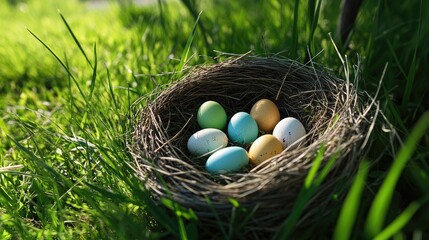 Obraz premium Nest with easter eggs in grass on a sunny spring day