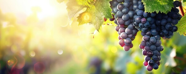 Close-up of ripe grapes on a vineyard with sunlight.