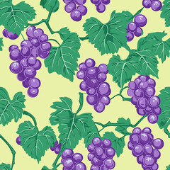 Obraz premium Flat design seamless pattern with grapes. Green and purple color tones, yellow background