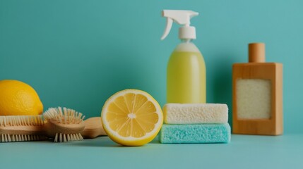Sustainable cleaning concept: lemon, soda, vinegar, soap, brushes on blue