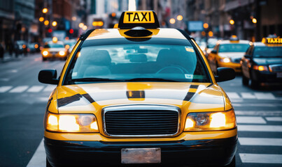 A yellow taxi waits for passengers in a city street