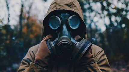 a person wearing a gas mask and holding a gas mask