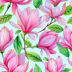Fototapeta premium Flower Watercolor Seamless Pattern. Hand painted background with Pink Magnolia. Floral illustration for textile design or wallpaper