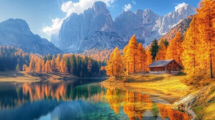 Fototapeta premium Lake Federa autumn in the Dolomites.