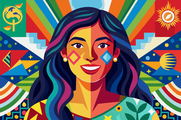 A vivid and artistic portrait of a smiling woman, created with a patchwork of colors and patterns, set against an international flags backdrop, capturing diversity and unity. 
