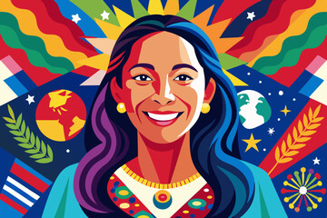 A vivid and artistic portrait of a smiling woman, created with a patchwork of colors and patterns, set against an international flags backdrop, capturing diversity and unity. 
