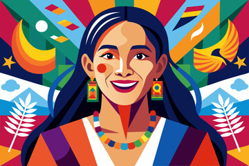 A vivid and artistic portrait of a smiling woman, created with a patchwork of colors and patterns, set against an international flags backdrop, capturing diversity and unity. 
