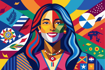 A vivid and artistic portrait of a smiling woman, created with a patchwork of colors and patterns, set against an international flags backdrop, capturing diversity and unity. 
