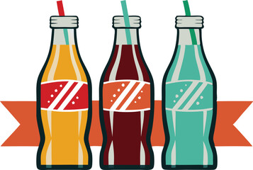 Illustration of colorful soda bottles in a row, representing refreshing drinks and retro beverage packaging
