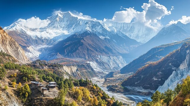 Valley and mountains view in Manang, Nepal