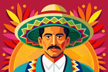 Portrait of a man dressed in traditional Mexican attire, including a brightly colored sombrero and festive clothing that captures the cultural essence in a vibrant setting
