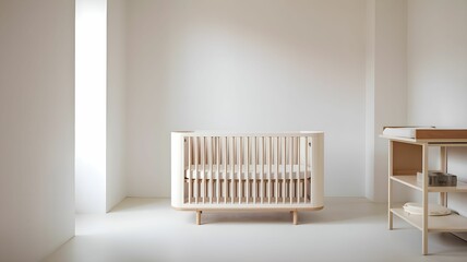 minimalizm, pok&oacute;j dziecięcy, nowoczesne ł&oacute;żeczko, prosty przewijak, neutralna kolorystyka, naturalne światło, czyste linie, puste ściany, możliwość dekoracji, gładka podłoga, brak zagracenia, prostota