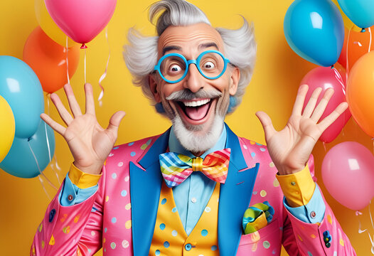 Unusual and playful and funny character wearing colorful outfits, anthropomorphic quirk concept.
