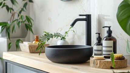 Fototapeta premium modern bathroom featuring a sleek black sink, natural wood accents, and green plants,