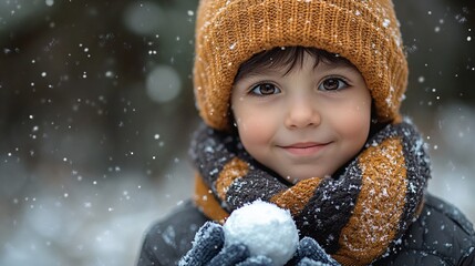 A handsome young boy with dark hair and brown eyes, wearing a cozy scarf and hat, holding a snowball in a winter forest